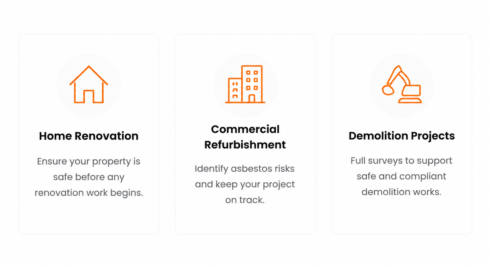 Three sections with icons and text about construction services: Home Renovation with a house icon, Commercial Refurbishment with a buildings icon, Demolition Projects with an excavator icon.