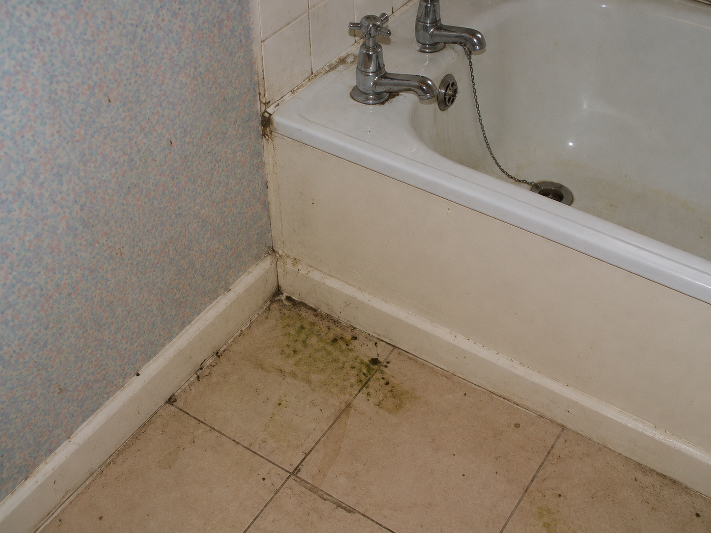 Dirty bathroom corner with mold and grime on the floor and baseboard near the bathtub. The bathtub has discolored stains, and the wall behind has mold in the corner. The floor is stained and dirty.