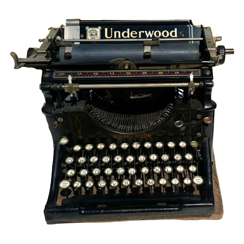 Vintage Underwood typewriter with black keys and a paper roll holder.