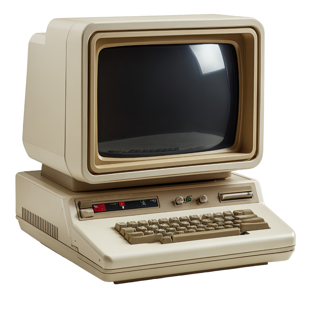 Vintage beige computer with CRT monitor, keyboard, and control buttons.