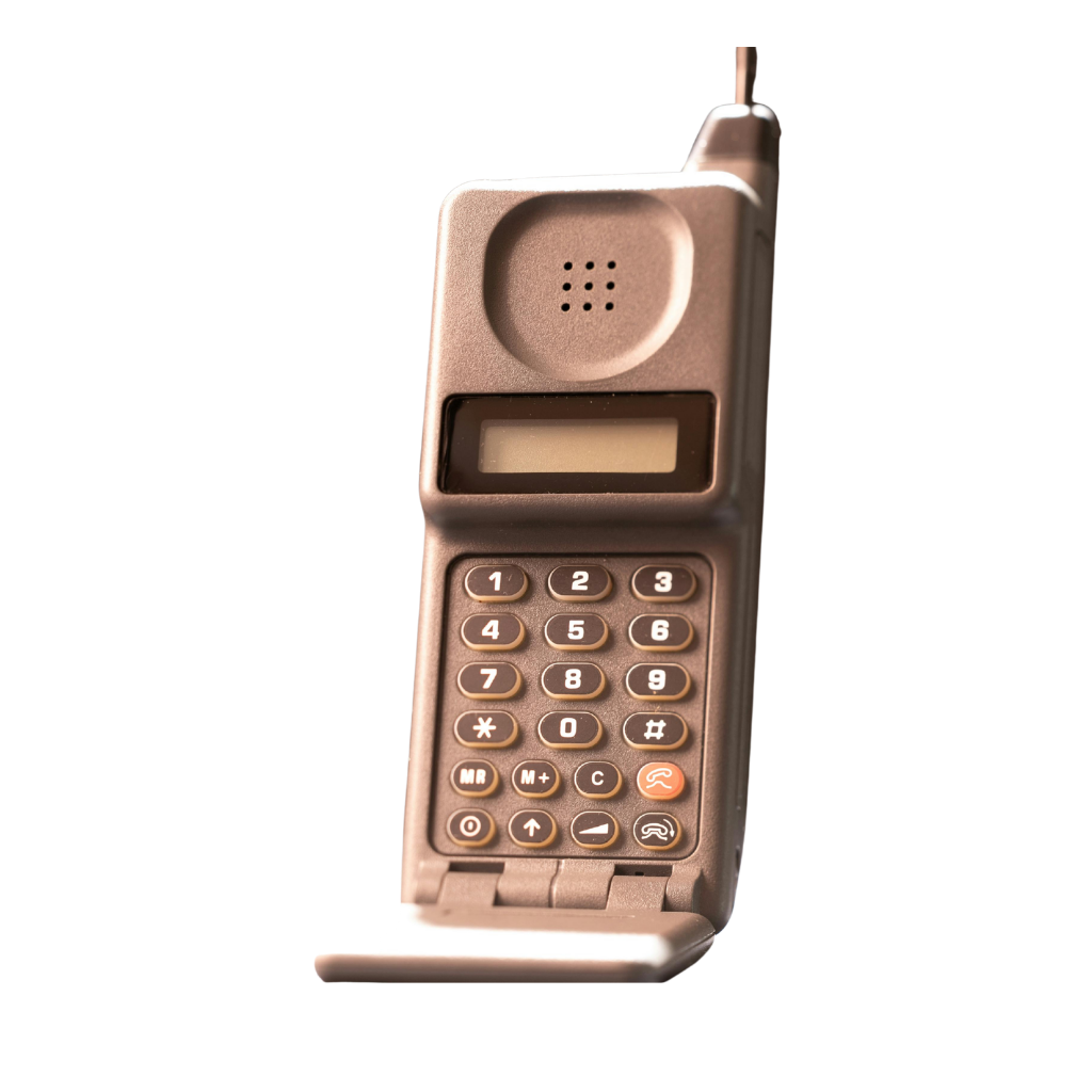 A vintage flip phone with a monochrome screen, numeric keypad, and a raised receiver at the top.