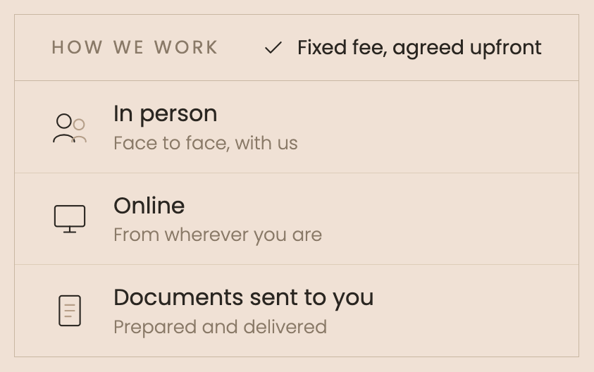 A section titled 'How We Work' explaining fee structure, and options for in-person, online, and document delivery services.
