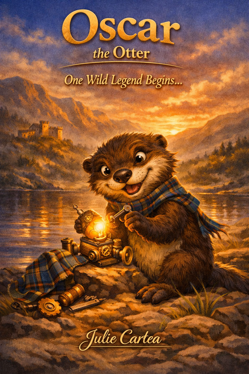 Book cover for 'Oscar the Otter: One Wild Legend Begins' by Julie Cartea featuring an animated otter with a scarf, surrounded by steampunk gadgets by a lake at sunset.