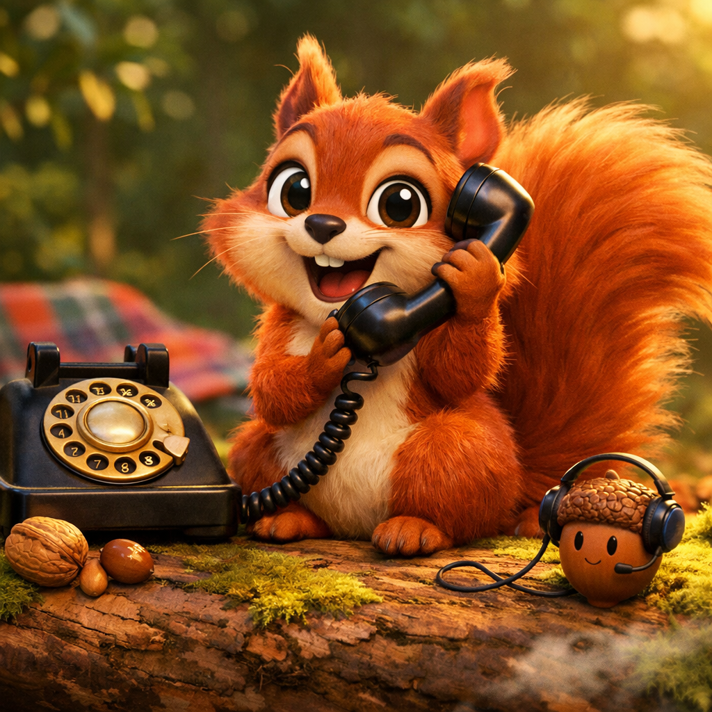 Animated squirrel holding a vintage rotary phone receiver, sitting on a log outdoors, with headphones and a smiling acorn-shaped speaker nearby, surrounded by nuts and moss in a forest setting.