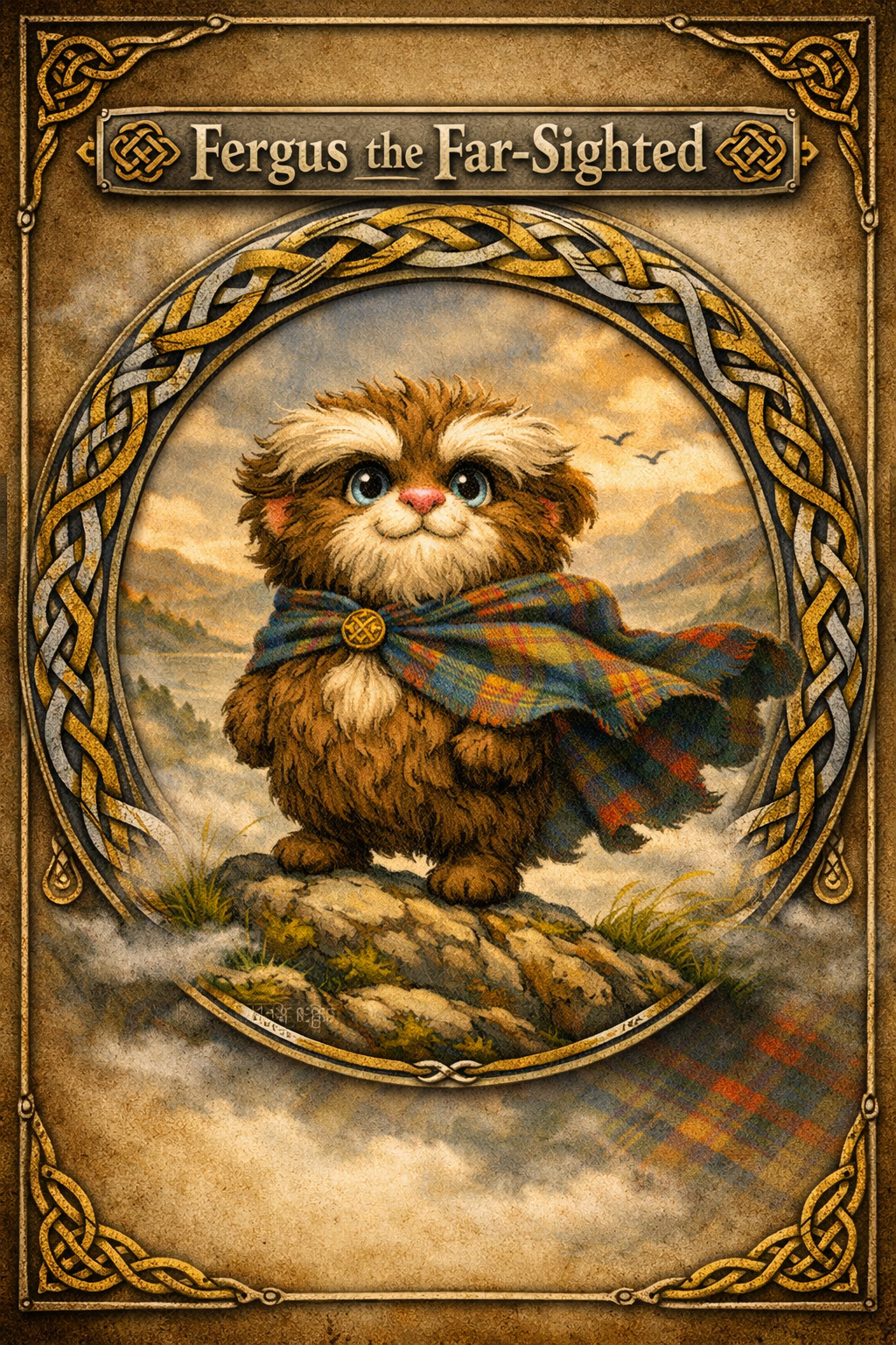 A cartoon-style illustration of Fergus the Far-Sighted, a fluffy, brown, and white cat with blue eyes, standing on a rocky landscape with mountains and birds in the background; wearing a tartan plaid cape with a Celtic brooch, enclosed in a decorative, Celtic-inspired border.