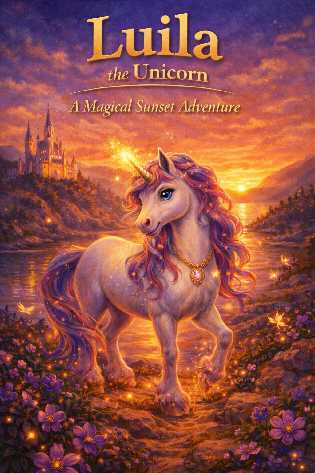 A colorful fantasy book cover featuring a unicorn with a glowing horn, set against a sunset background with a castle on a hill, a river, and purple flowers in the foreground.