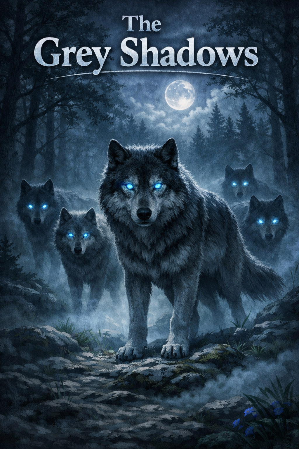 A pack of five glowing-eyed wolves stands on a rocky forest path under a full moon, with dark trees and a cloudy night sky in the background.