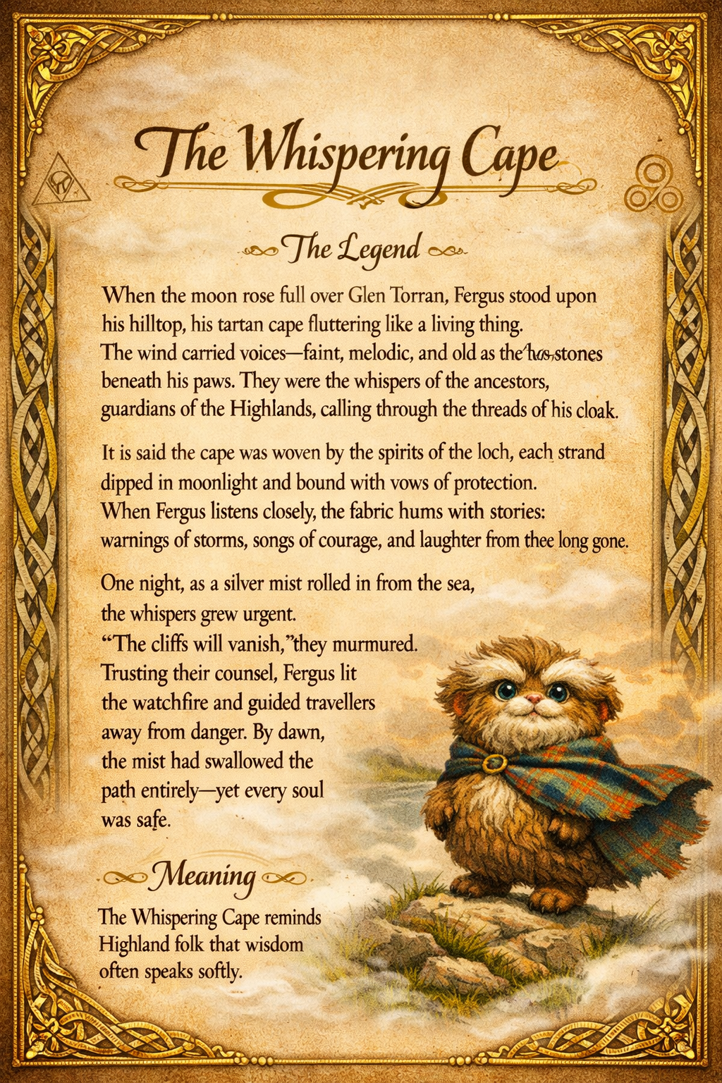 An illustrated story about the legend of the Whispering Cape, featuring a cute, fluffy dog wearing a tartan cape and standing on a rock in a scenic outdoor setting.