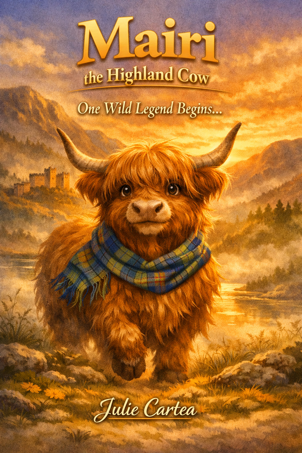 Book cover illustration of a Highland cow with a plaid scarf, set in a scenic landscape at sunset with mountains, a castle, and lake, titled 'Mairi the Highland Cow' by Julie Cartea.