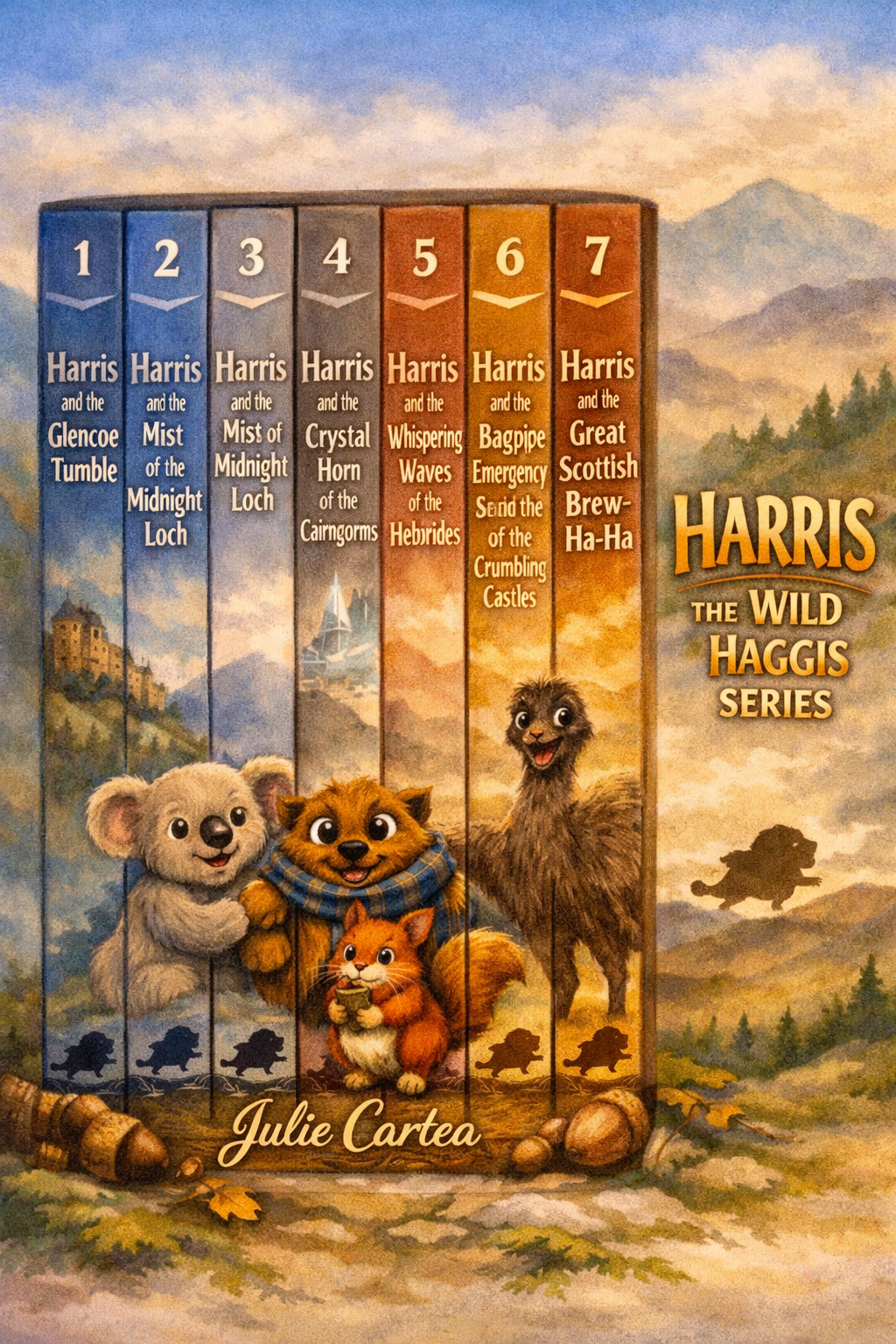 Book cover for "Harris the Wild Haggis Series" by Julie Cartea, featuring illustrations of a koala, a cat, a bird, and a squirrel, with a background of mountains and a hilly landscape.