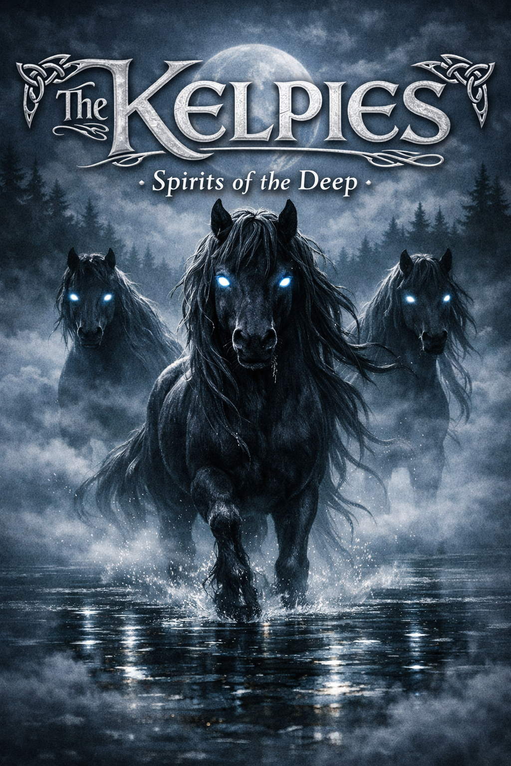 Three black horses with glowing blue eyes running through water at night, with dark forest and mountain background, moon in sky, for the game 'The Kelpies - Spirits of the Deep'.