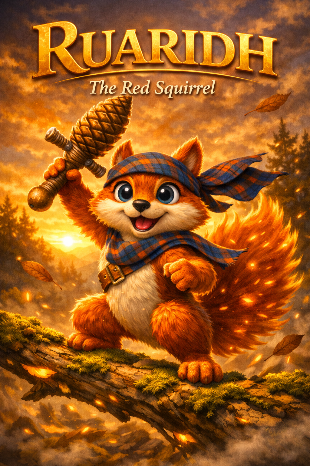 Animated cover art for "Ruaridh: The Red Squirrel" featuring a cute, anthropomorphic red squirrel wearing a blue plaid bandana and scarf, holding a large pinecone sword, standing on a mossy log in a fiery forest setting with falling leaves and a sunset background.