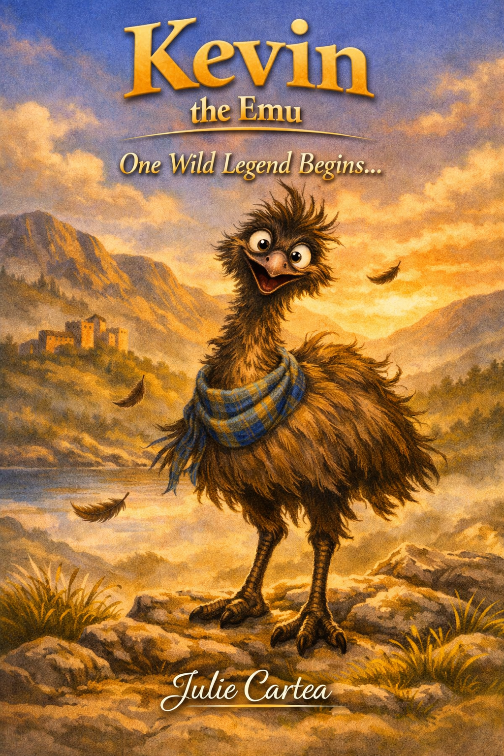 Book cover for 'Kevin the Emu' featuring a cheerful emu wearing a plaid scarf, standing on rocks with a mountain and castle background at sunset.