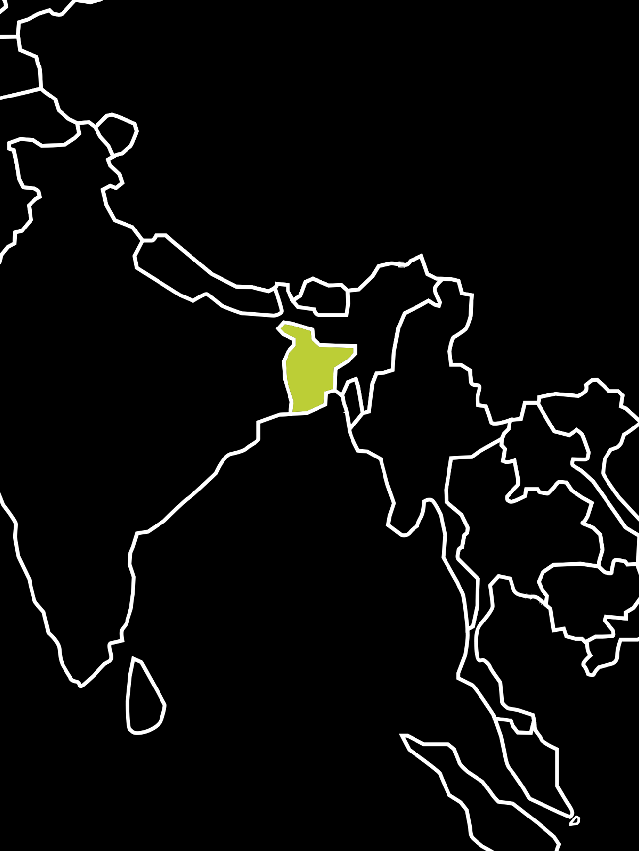 Map highlighting Bangledesh, in green.