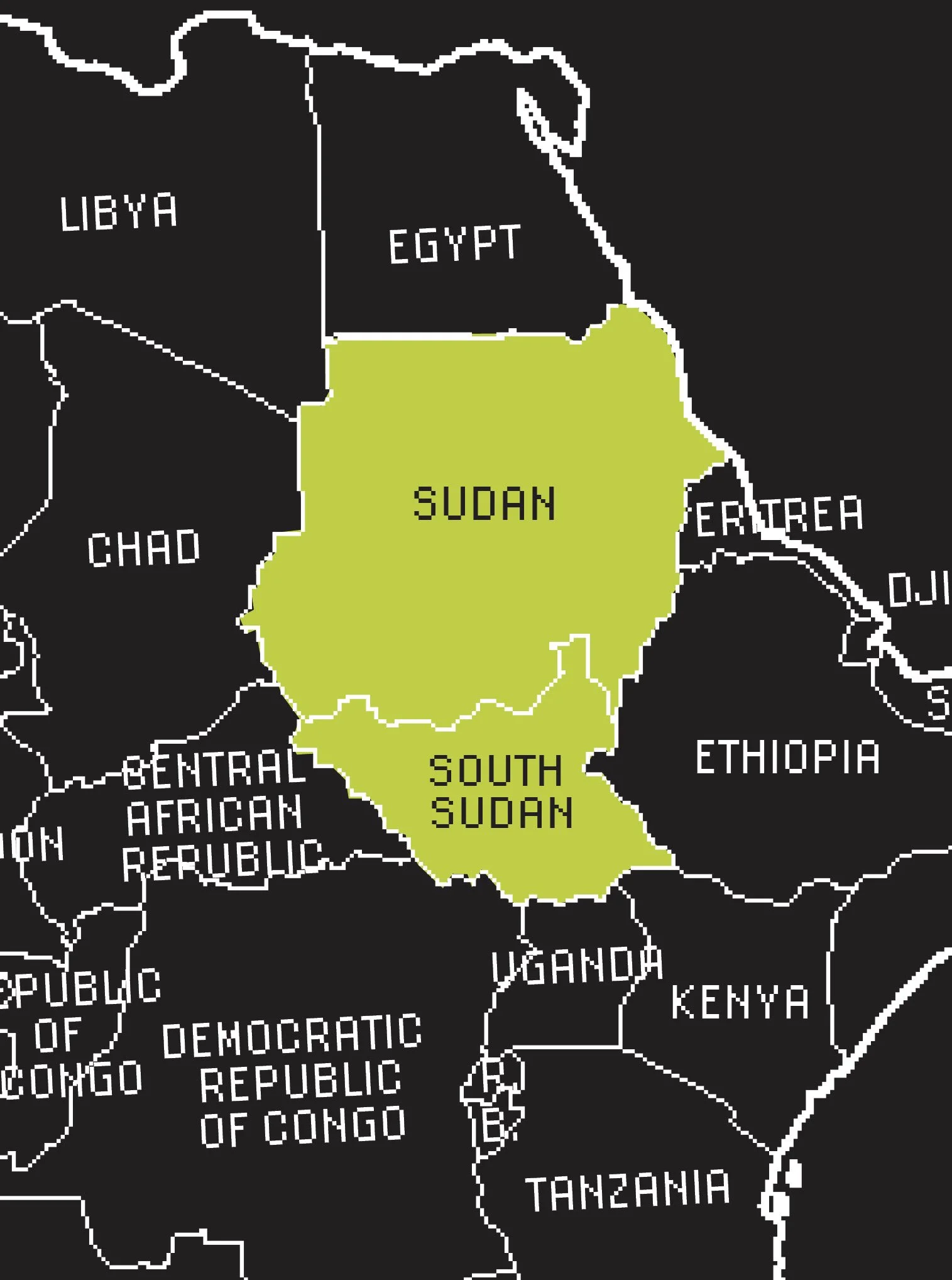 Map highlighting Sudan in green surrounded by black outline.