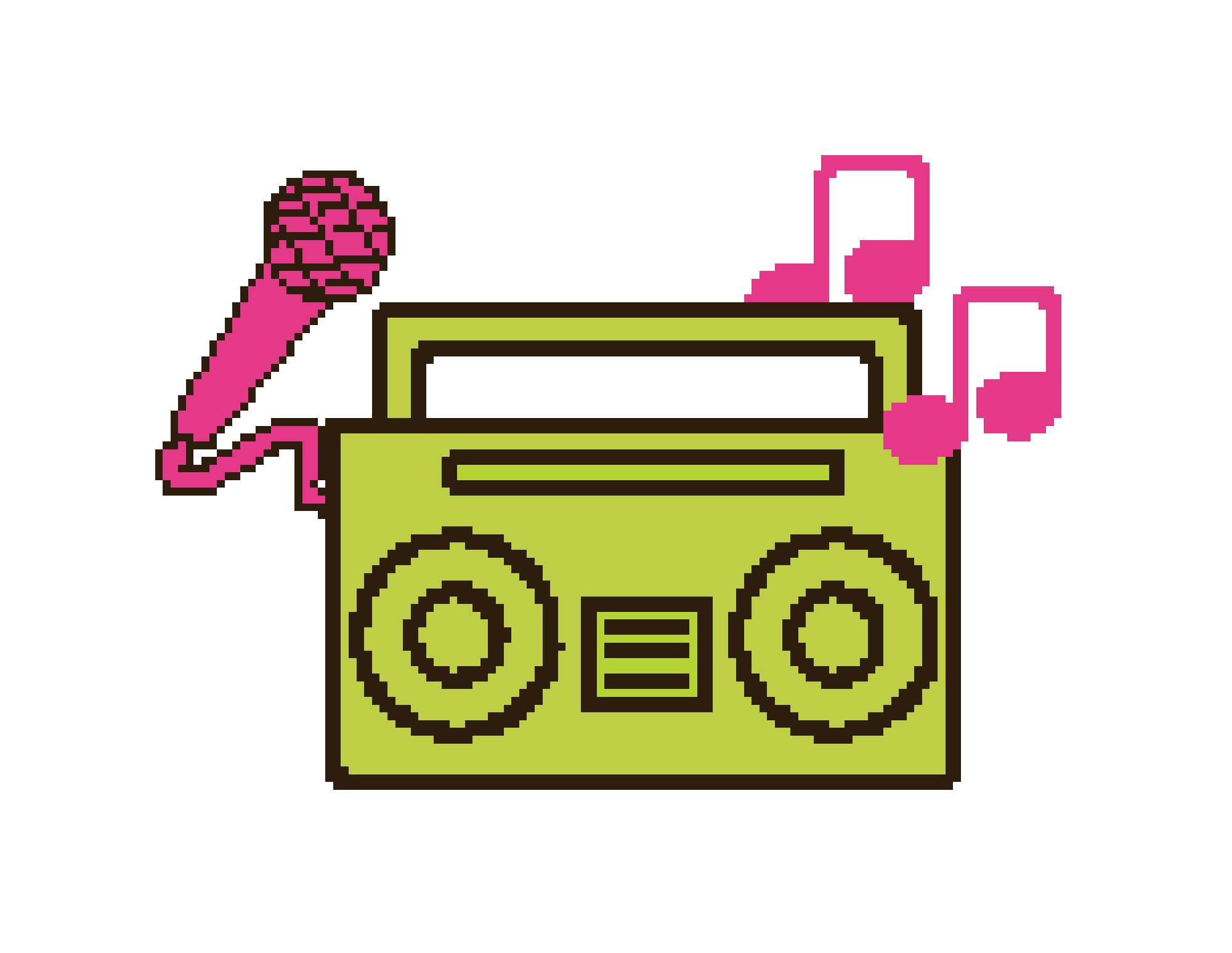 Pixel art of a green radio with pink musical notes emanating from the back.