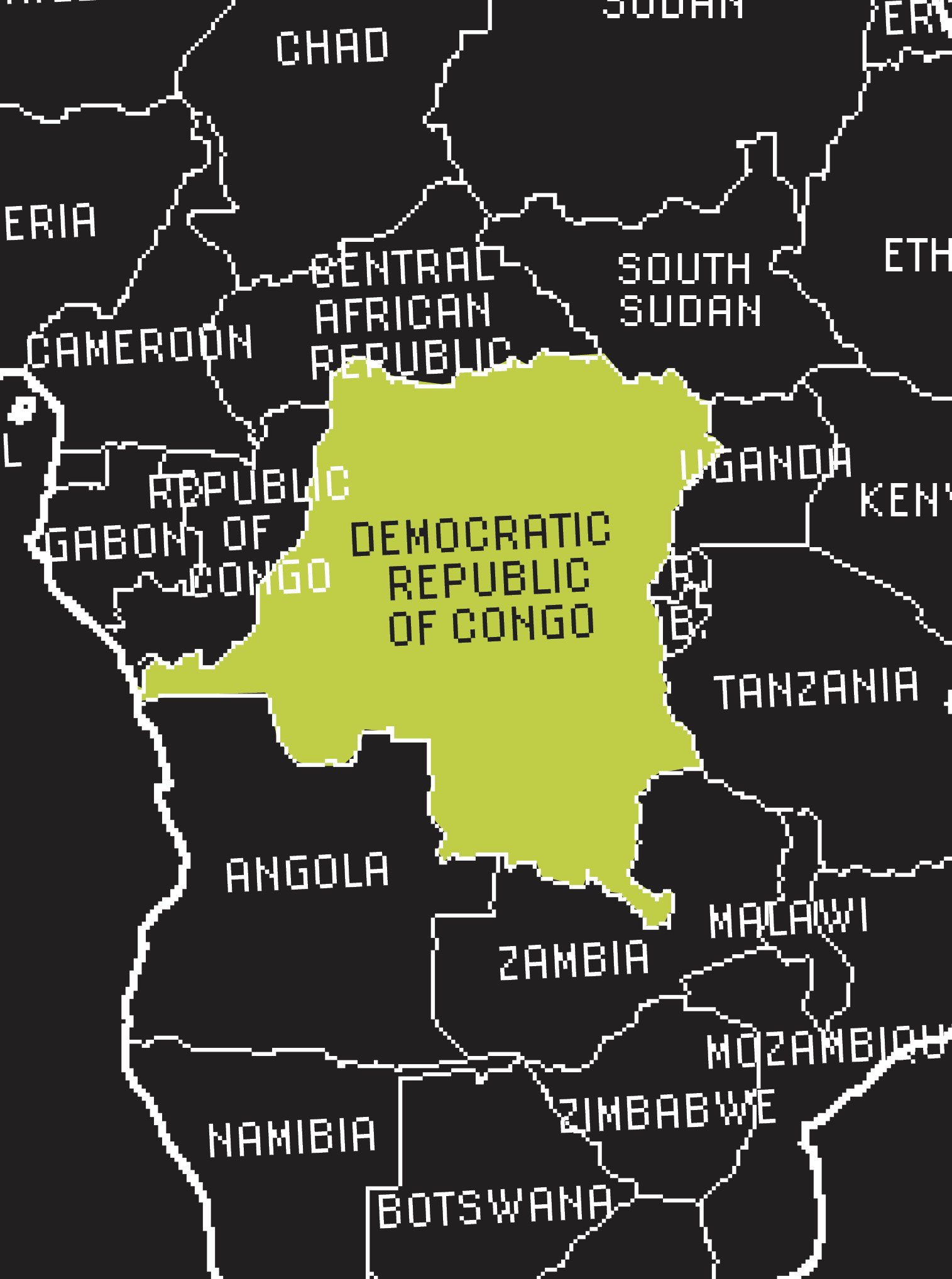 A map of Africa with a country highlighted in green, indicating it is DR Congo.