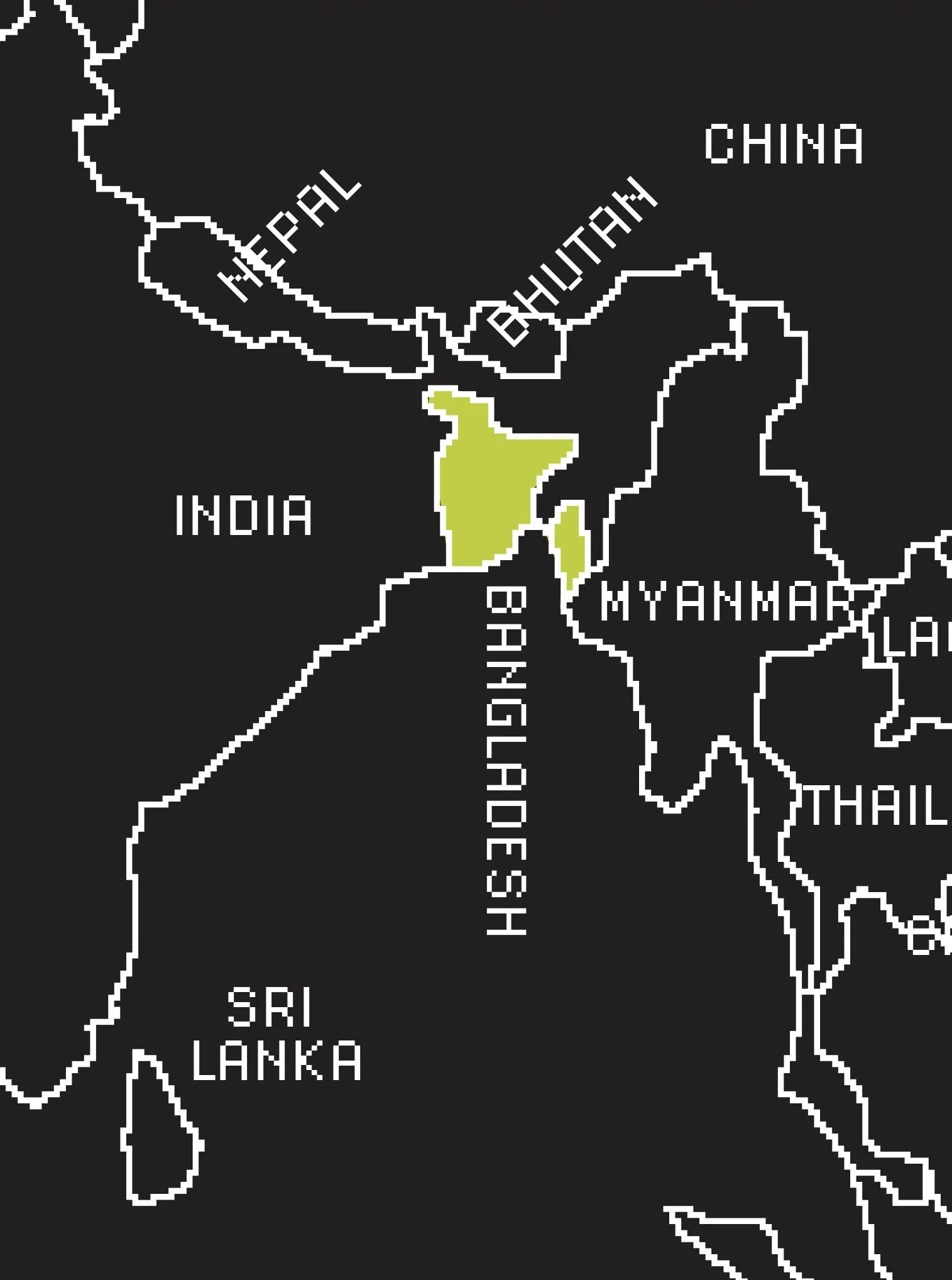 Map highlighting Bangledesh, in green.