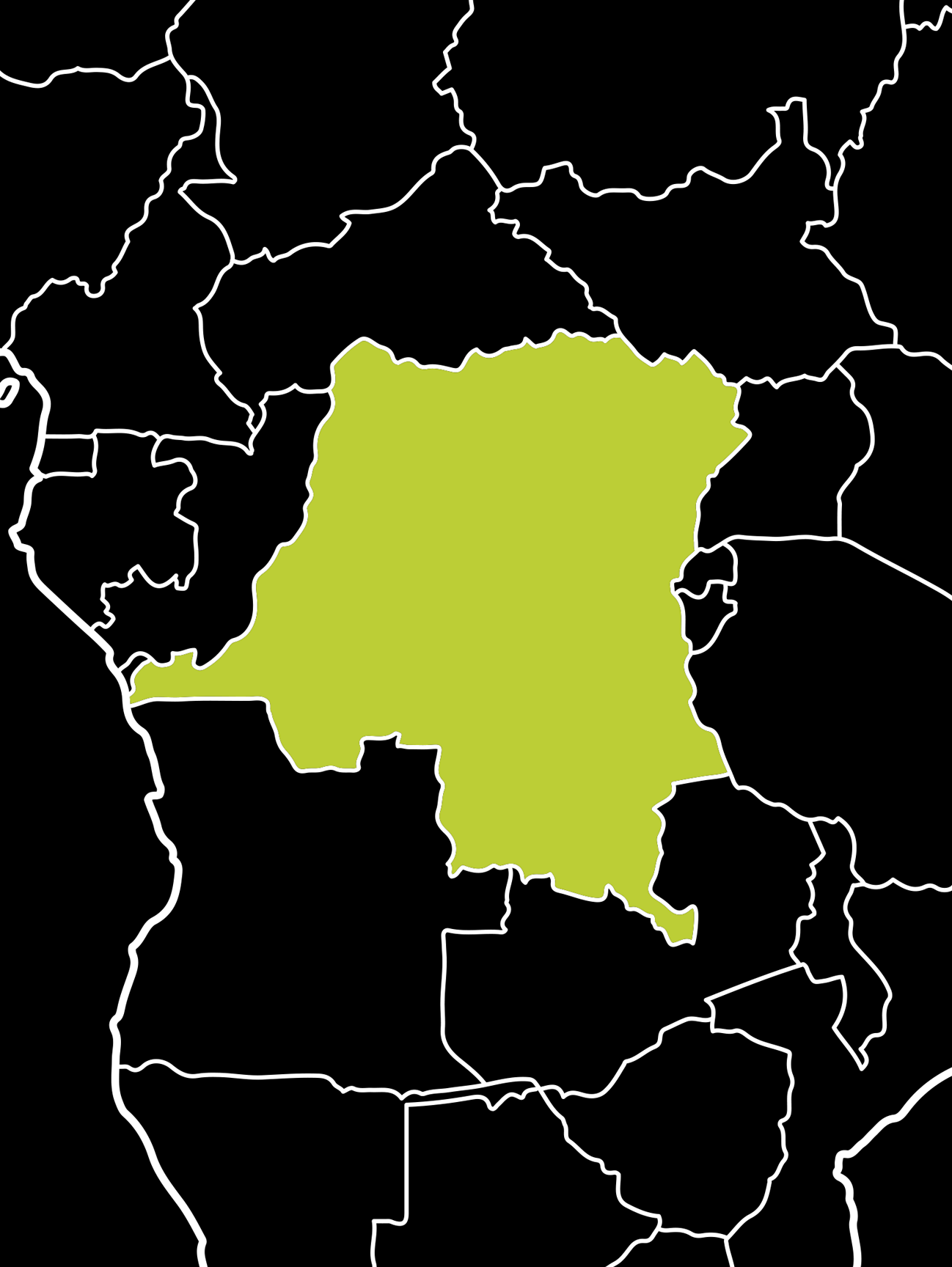 A map of Africa with a country highlighted in green, indicating it is DR Congo.