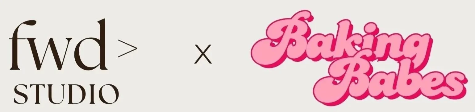 Logo featuring 'fwd' in stylized font with 'STUDIO' below it, multiplied by 'Baking Babes' in pink, cursive font with layered outlines.