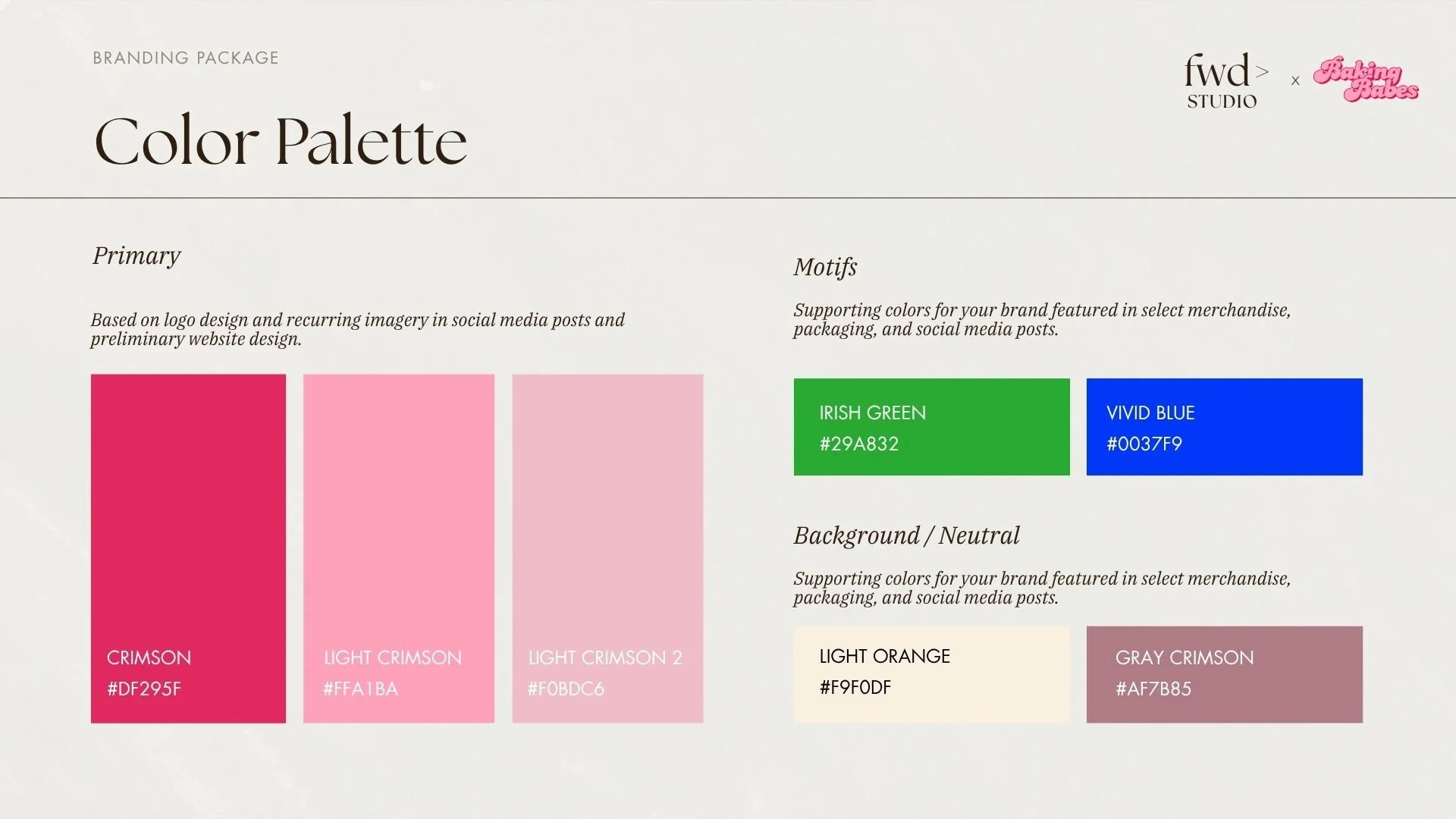 A branding package color palette chart showing primary colors in pink shades including crimson, light crimson, light crimson 2, and background/neutral colors including light orange and gray crimson. It also displays supporting colors green labeled Irish Green with hex code #29A832 and blue labeled Vivid Blue with hex code #0037F9.
