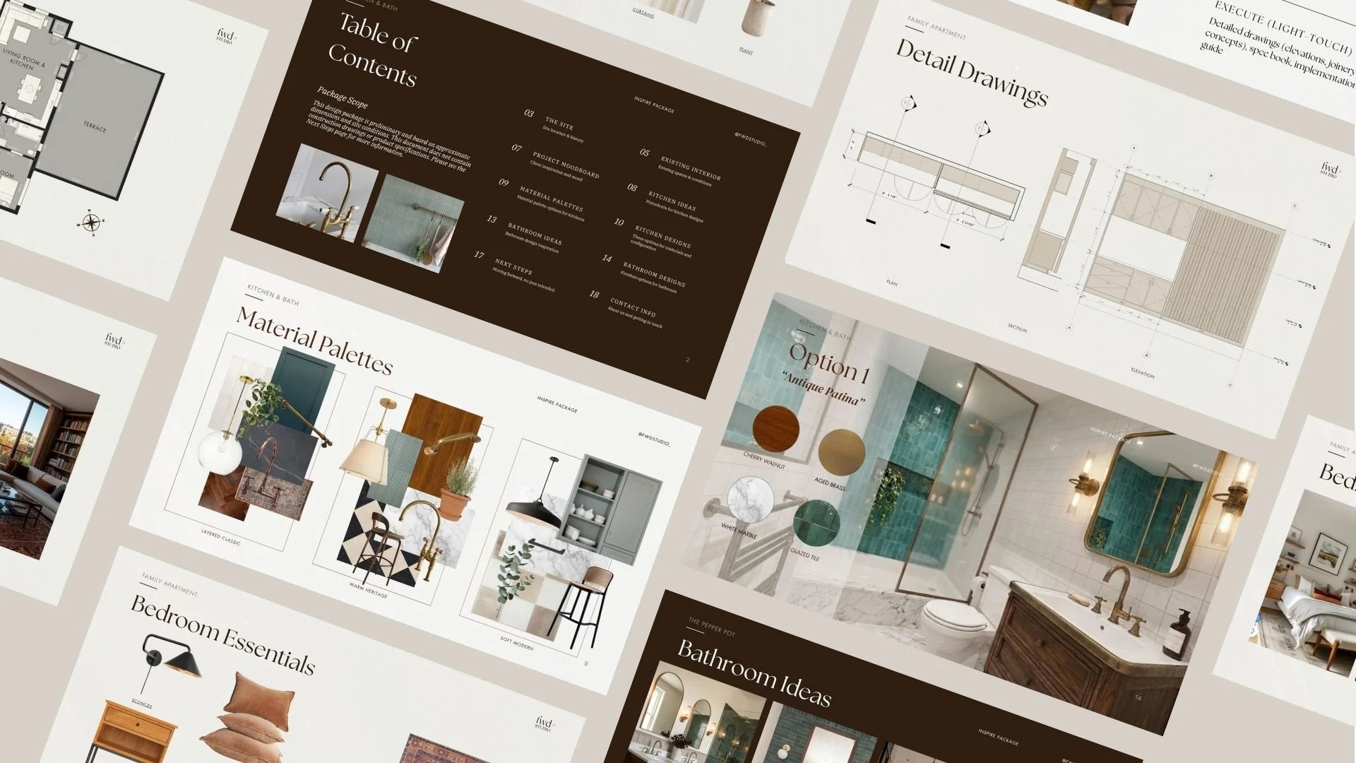 Design presentation layout with interior design plans, material palettes, bathroom and bedroom ideas, and detailed drawings for an interior decor project.