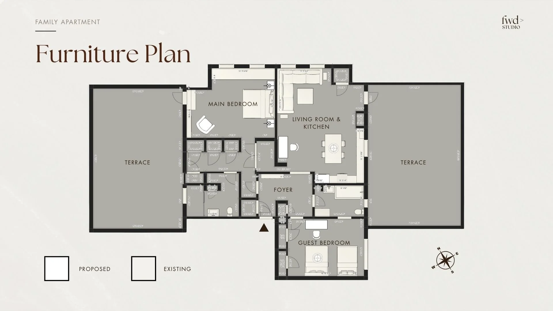 Floor plan of a family apartment with a main bedroom, guest bedroom, living room, kitchen, foyer, bathrooms, storage, and two large terraces.