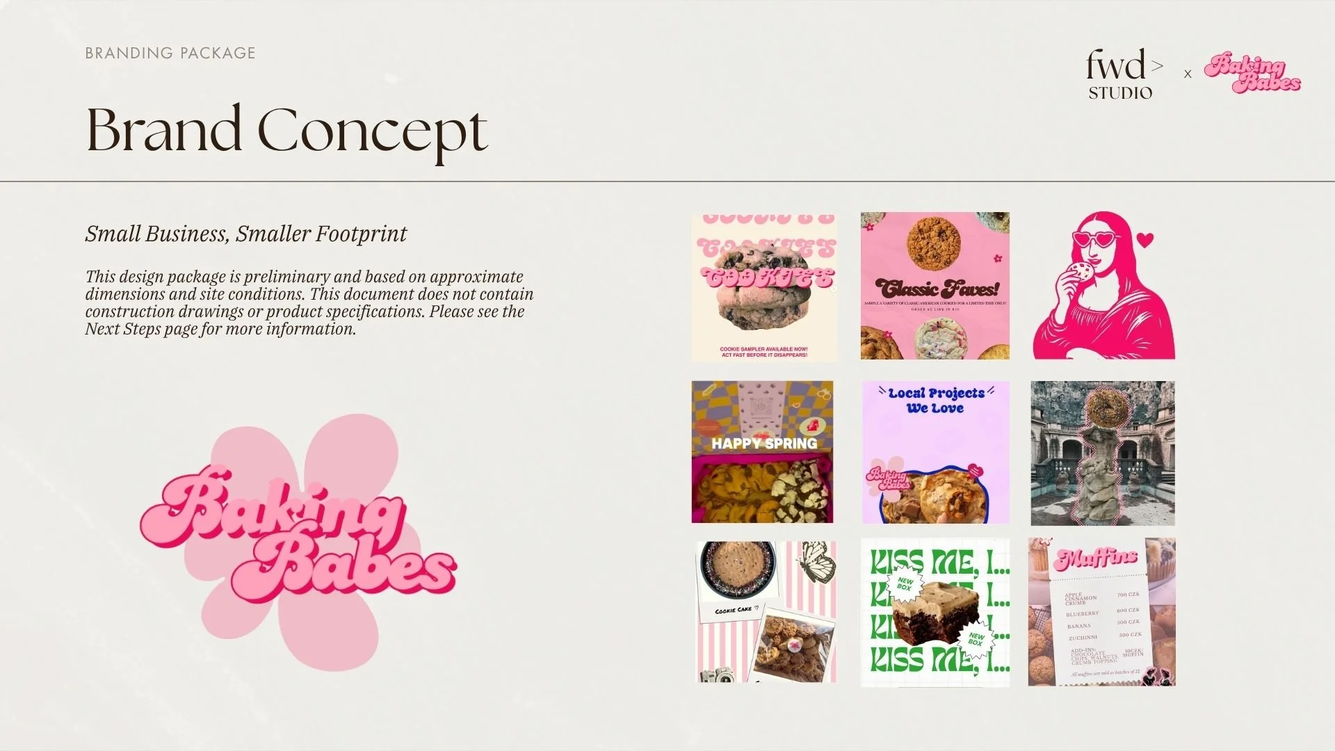 Presentation slide showing brand concept for Baking Babes, featuring various Instagram posts of baked goods and graphics with pink, purple, and natural tones.