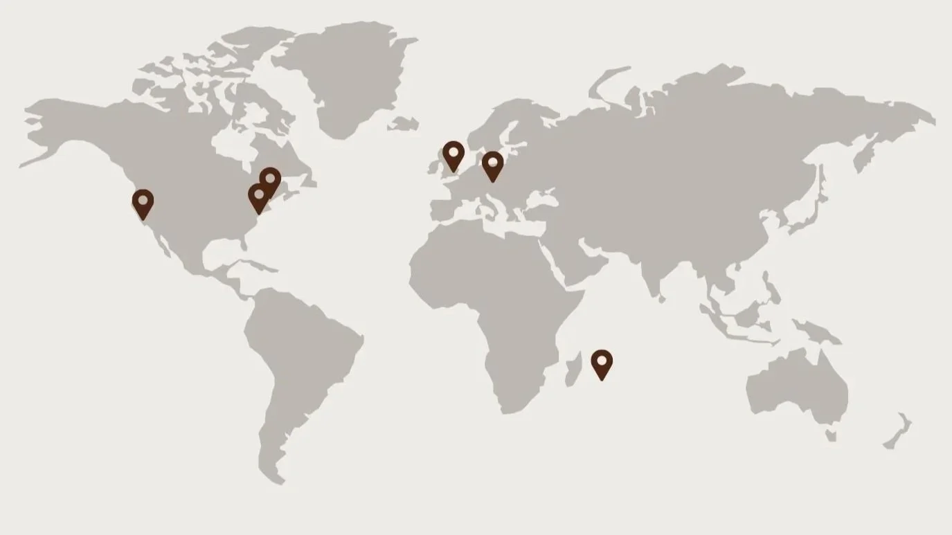 World map with six location markers in North America, Europe, Africa, South America, and Australia.