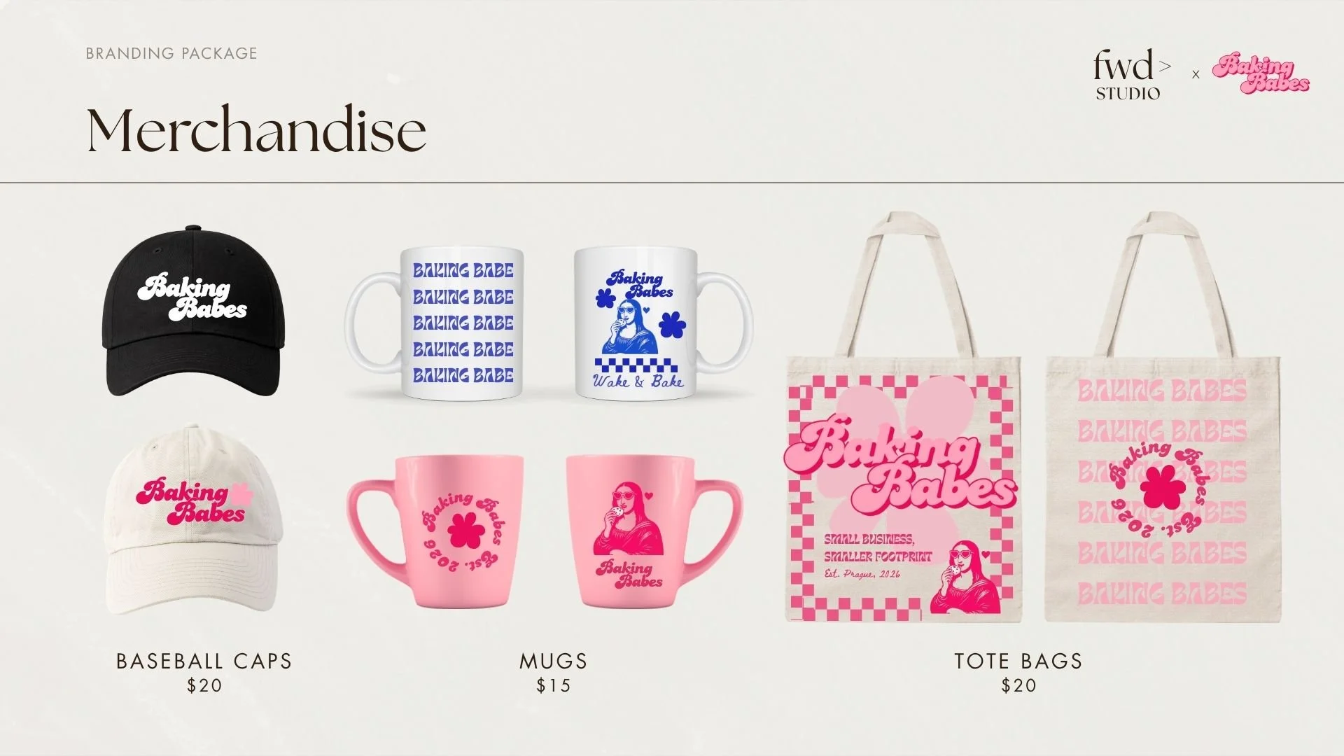 Collection of merchandise including black baseball cap, white and pink mugs, white and pink tote bags, all featuring 'Baking Babes' logo and designs