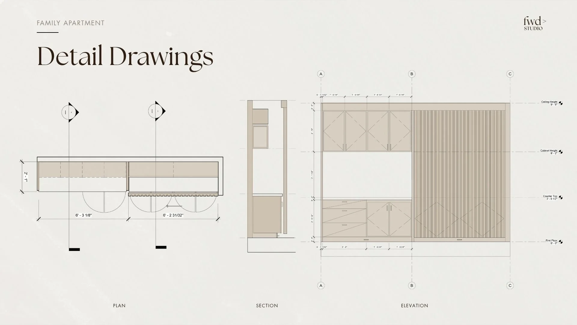 Draft architectural plan for a family apartment labeled 'Detail Drawings,' showing a layout, section, and elevation views with measurements and design details.