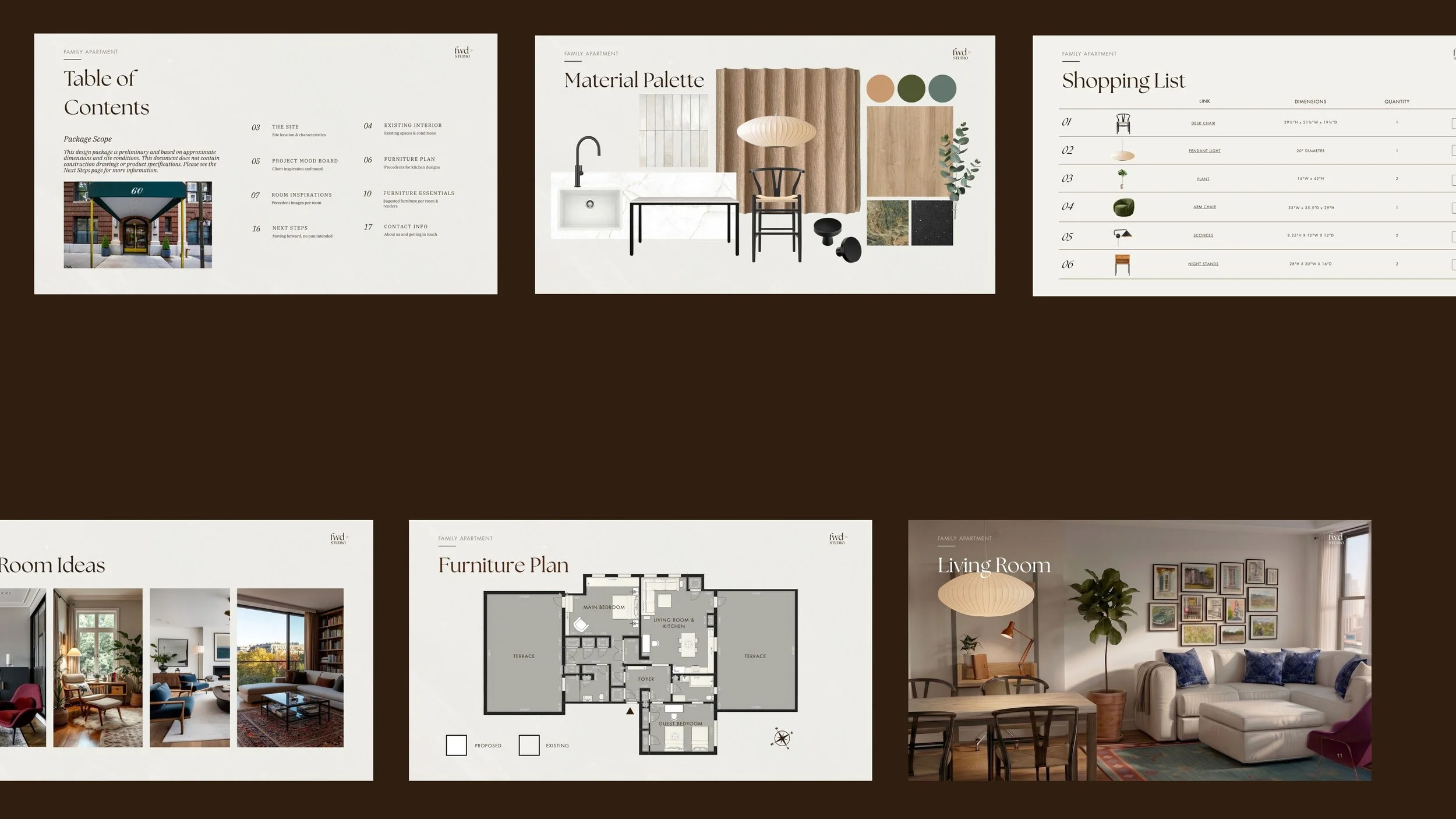 A collection of interior design presentation slides including a table of contents, a material palette with fabric and color samples, a shopping list for furniture items, room ideas images, a detailed furniture plan, and a living room photograph with furniture and decor.