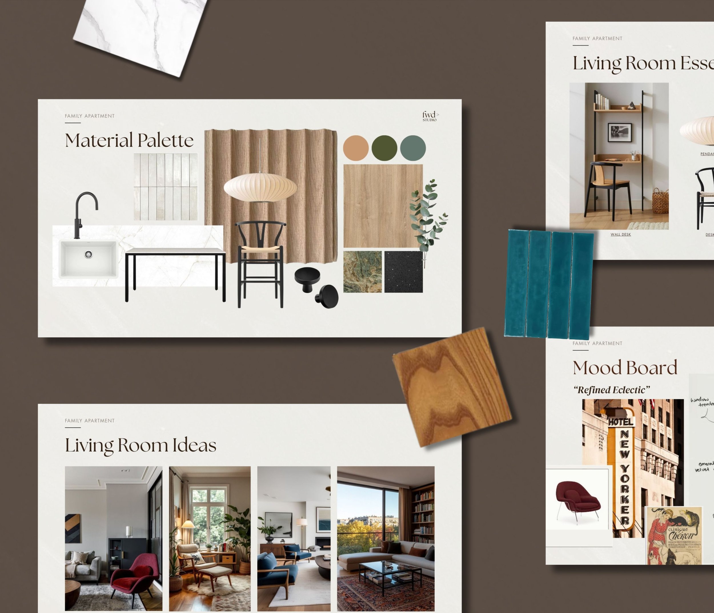Collection of interior design images and material palettes for living rooms, including furniture, decor, and color schemes.