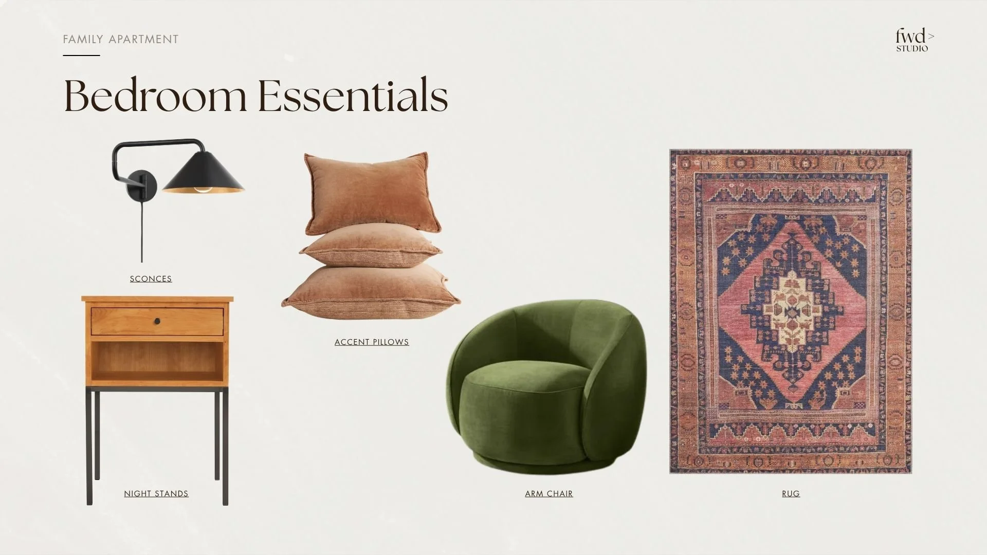 Collection of bedroom essentials including a black wall sconce, a wooden nightstand, three accent pillows in shades of brown, a green arm chair, and a patterned rug with pink, blue, and beige colors.