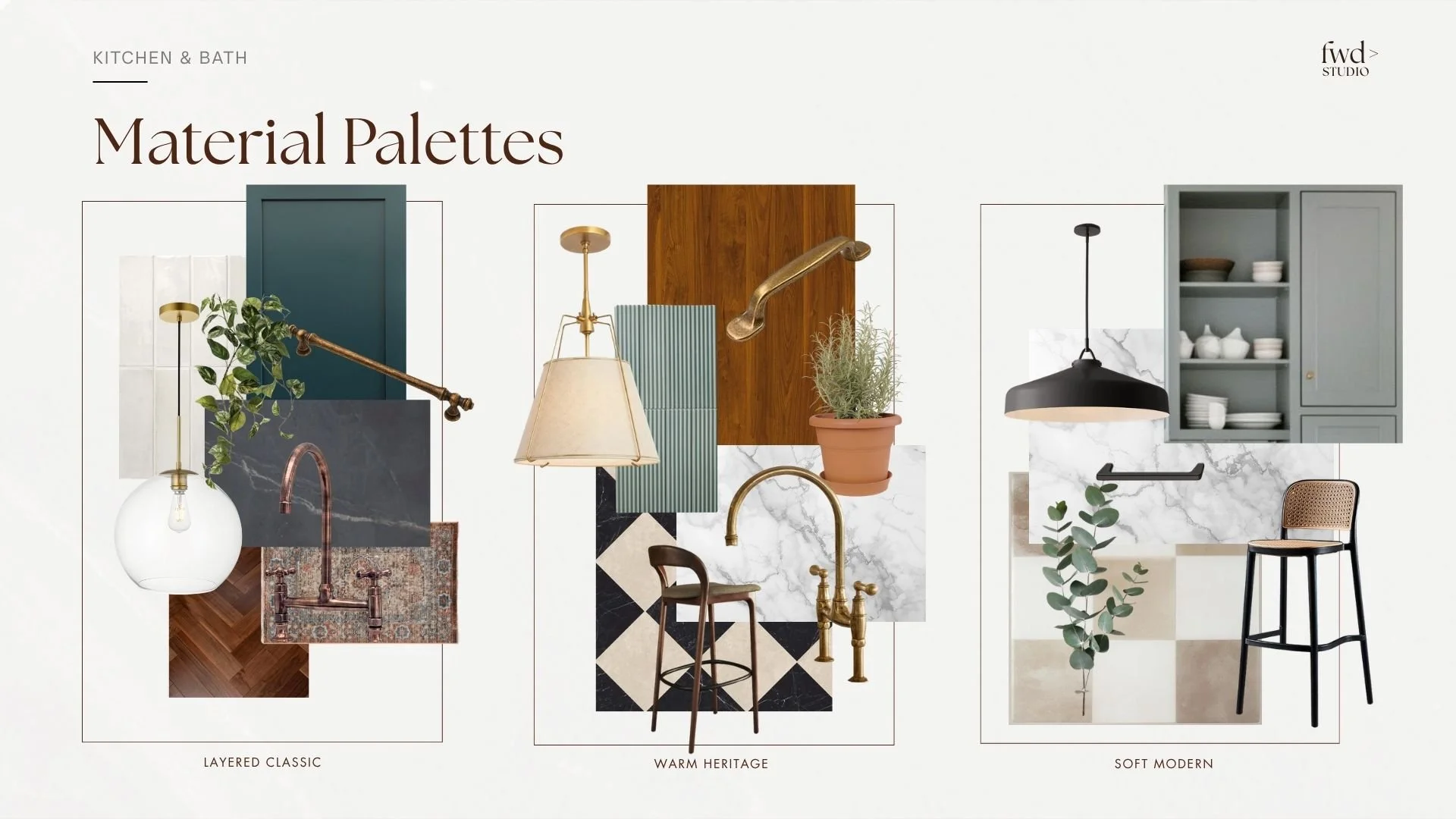 Interior design material palette display with three styles: layered classic, warm heritage, and soft modern, including color swatches, wood samples, and decor elements.
