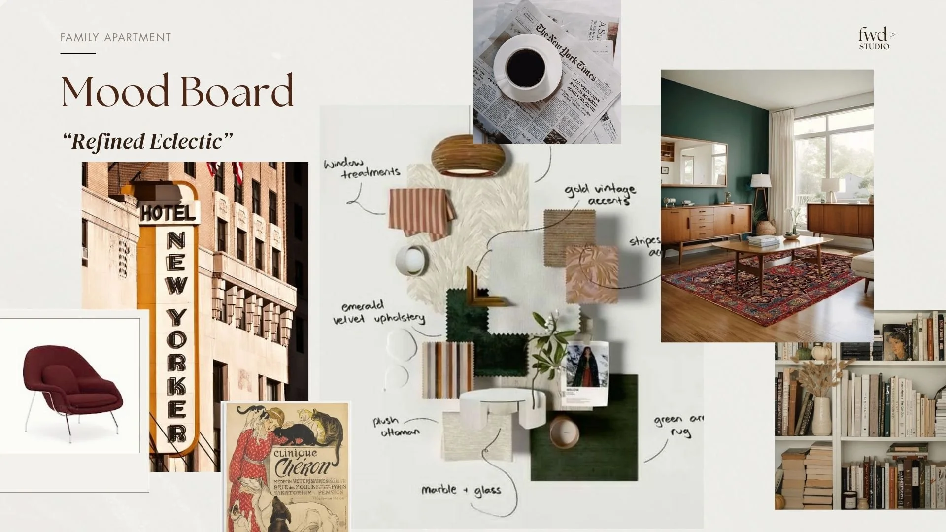 Mood board for interior design featuring a color palette, fabric and paint swatches, a photo of a living room with green accent wall, a photo of a vintage movie theater sign, a cozy chair, a workspace with bookshelves, and various decor and furniture samples.