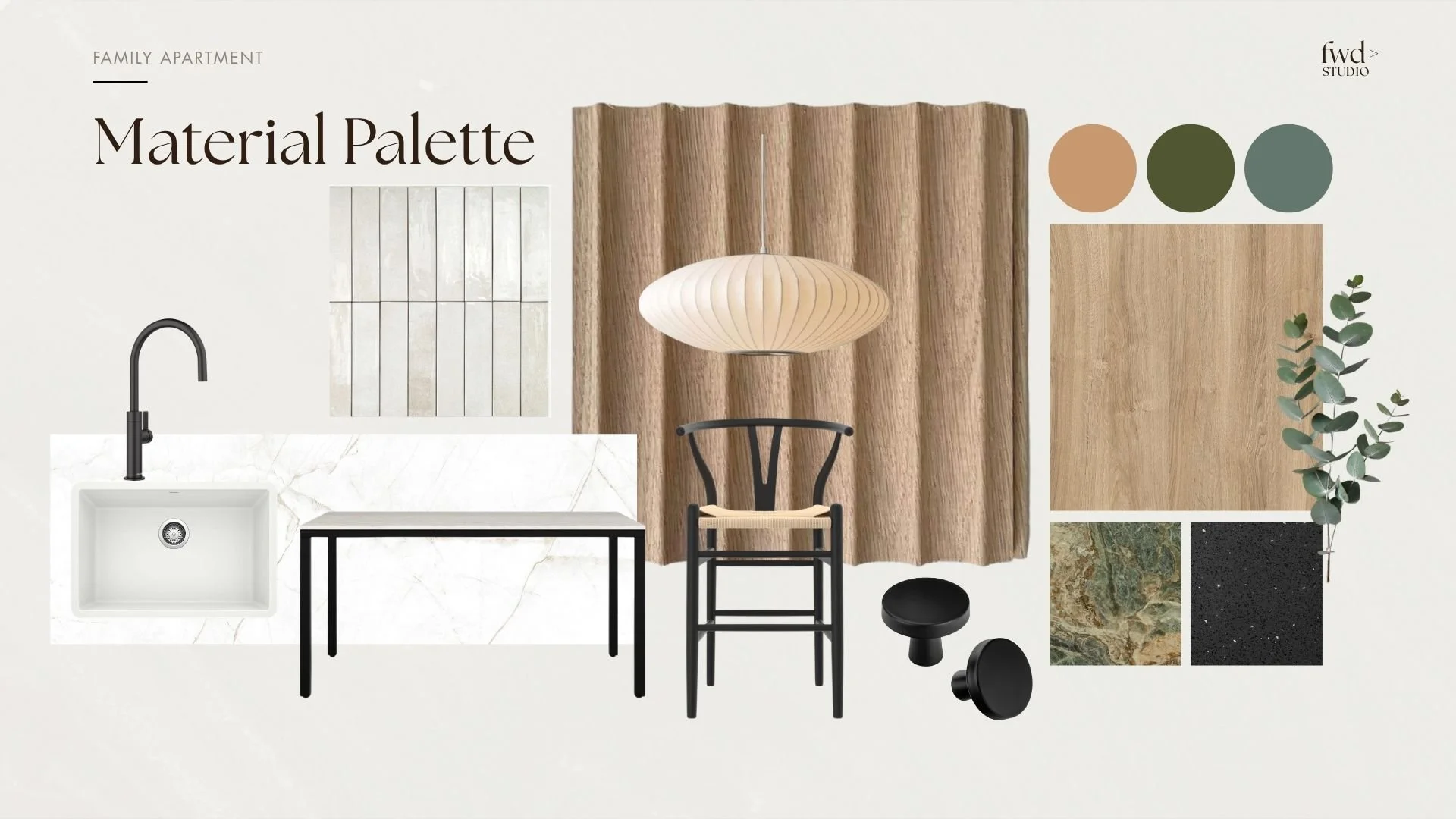Design mood board for a family apartment featuring a combination of wood, stone, black and neutral tones, with samples of materials, colors, and furniture pieces.
