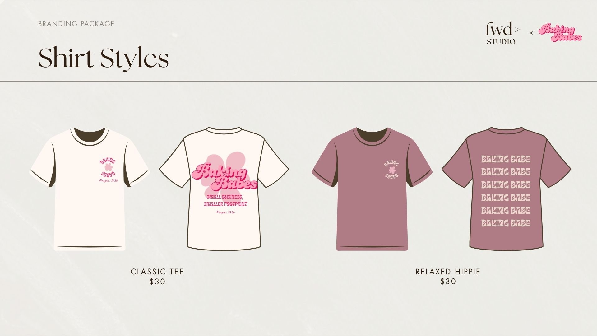 Designs of four women's T-shirts with different styles and graphics. The first is a classic white tee with black trim and a small pink logo. The second is a white tee with a large pink logo and text on the back. The third is a relaxed fit mauve tee with embroidery on the front. The fourth is a mauve tee with repeated text graphic on the back. Prices listed as $30.
