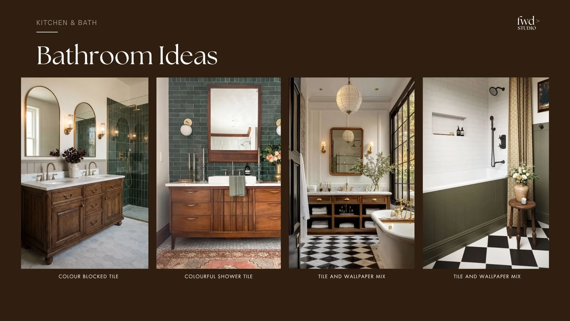 Gallery of four bathroom design ideas featuring different tile patterns and bathroom decor styles
