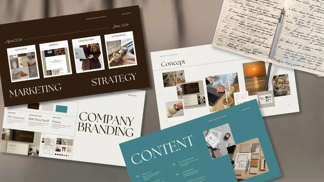 Several printed presentation slides on branding, marketing, strategy, and content, along with a handwritten notebook and a pen placed on a desk