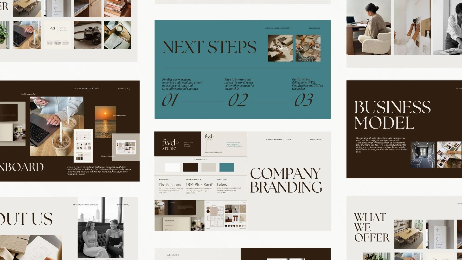 Collage of interior design, branding, and marketing presentation slides with images of people working, product layouts, and text highlighting creative and business strategies.
