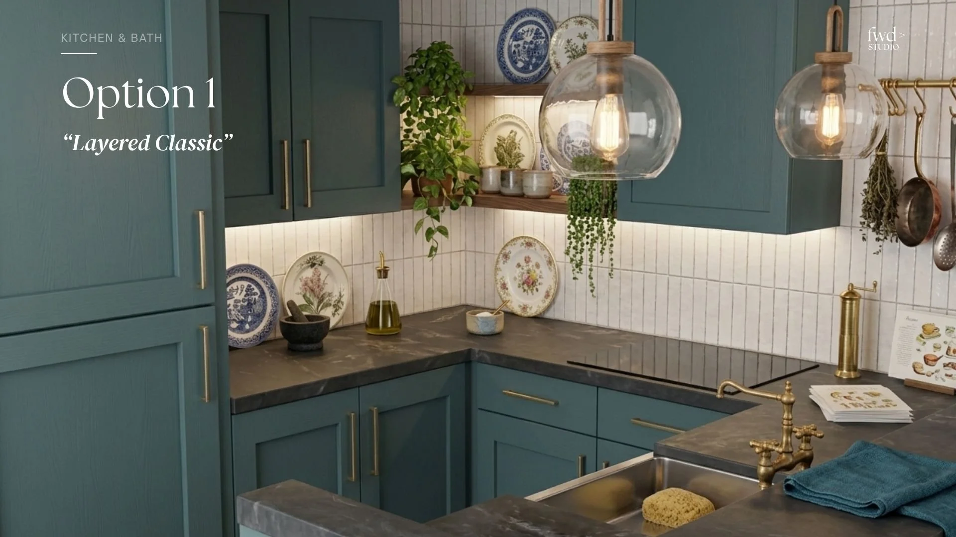 A modern kitchen with teal cabinets, marble countertops, and gold hardware, decorated with ceramic plates, plants, and clear pendant lights.