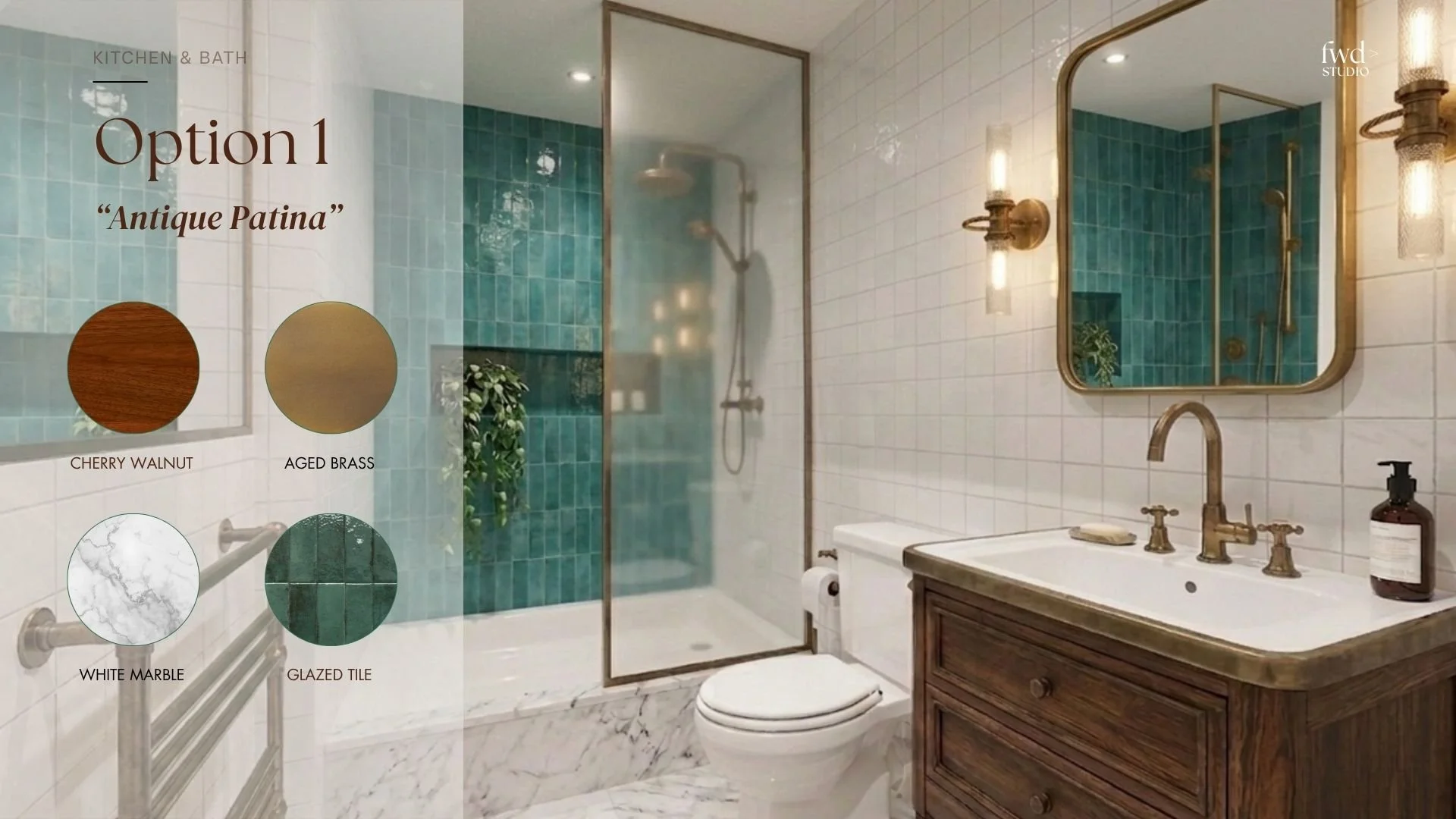 A bathroom with a shower enclosed in glass with green tiles, a vintage style white marble sink with brass fixtures, a large rectangular mirror with a brass frame, white tiled walls, brass wall-mounted light fixtures, and a wooden vanity cabinet.