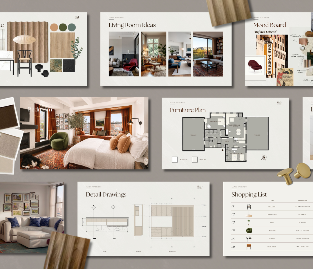 A collection of interior design plans and mood boards, including living room ideas, a mood board, a bedroom, furniture plans, detail drawings, and a shopping list, all spread out on a flat surface with some wood-textured items.