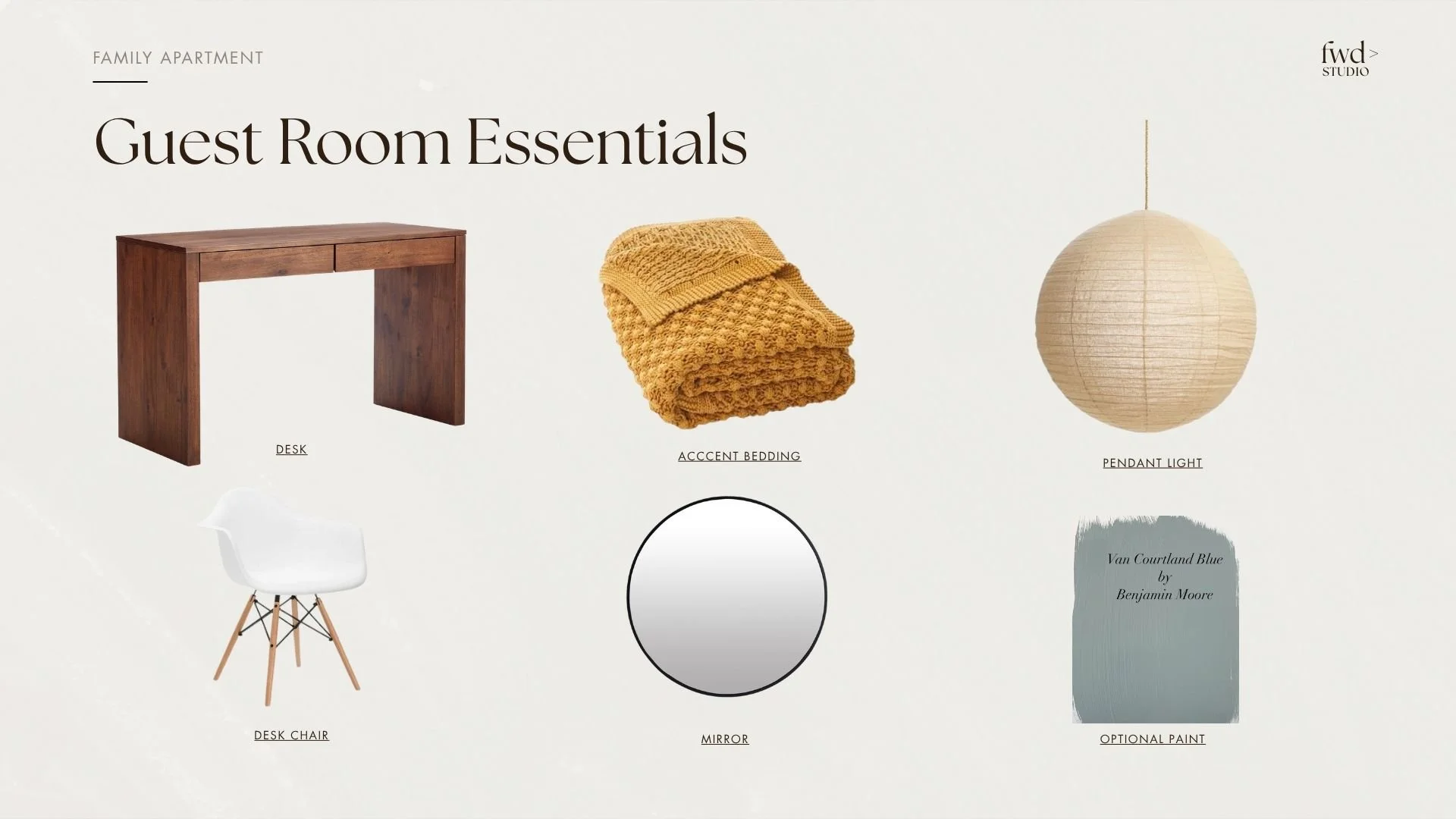 A webpage titled Guest Room Essentials, showing a wooden desk, a folded mustard-colored blanket labeled Accent Bedding, a round pendant light, a white desk chair, a circular mirror, and a swatch of paint labeled Optional Paint.