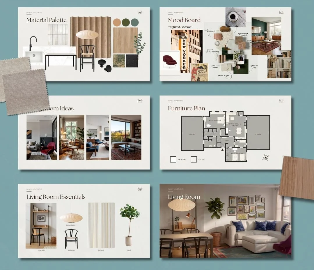 Six design mood boards and plans for an apartment interior, including material palette, mood board, room ideas, furniture plan, living room essentials, and a furnished living room.