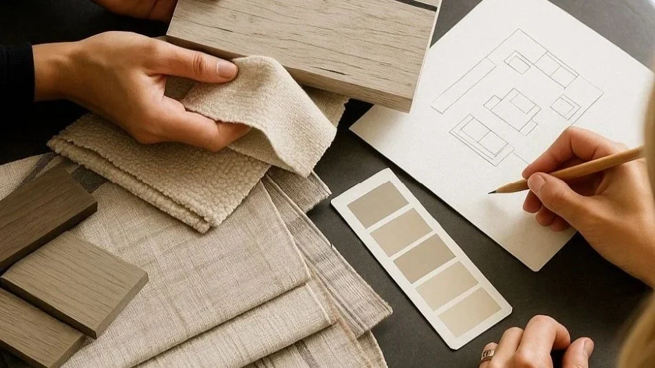 Person examining fabric swatches, color palette, and paint sample cards, with sketches and wood samples, possibly planning interior design or home renovation.