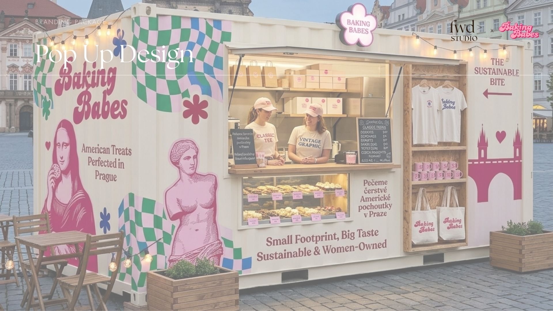 A food stand with pink and white graphics and text promoting American treats, vegan cookies, and sustainable products. The stand has a display of baked goods, two women in vintage graphic tees behind the counter, and decorative elements including a pink castle silhouette and pink rice packaging.
