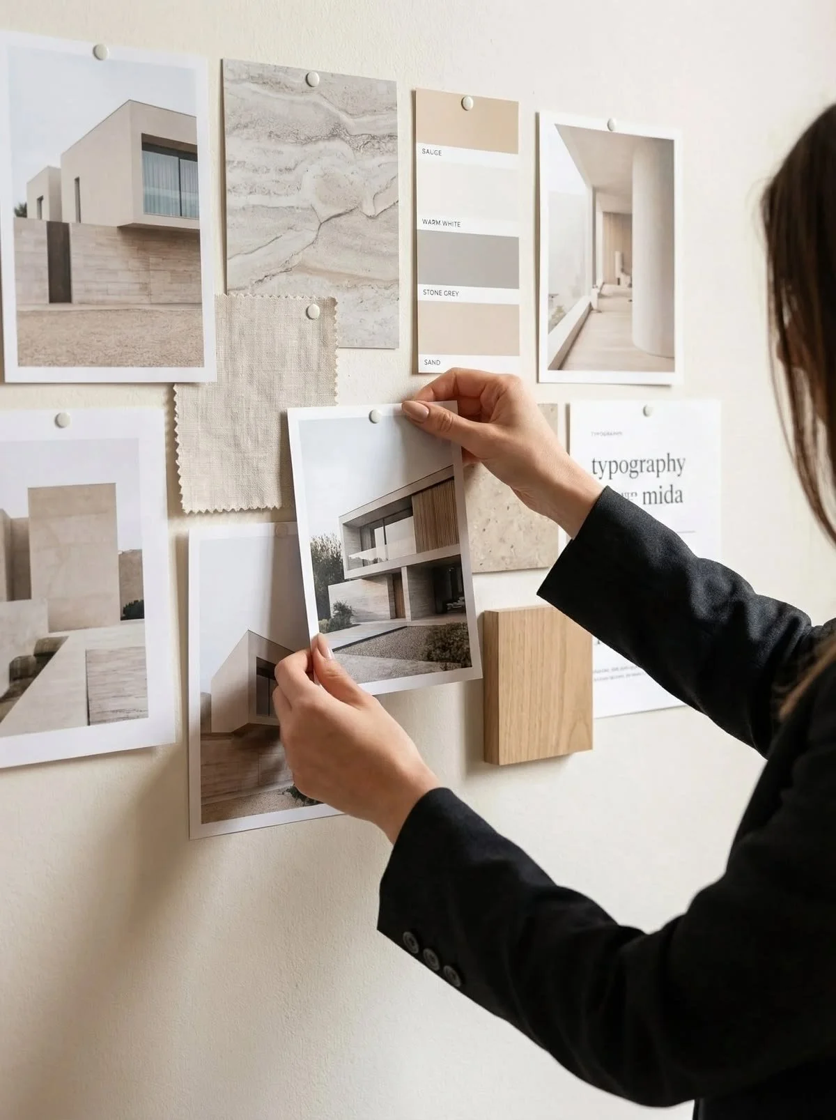 Person in black blazer arranging architectural design photos and material samples on a wall for interior or exterior home planning.