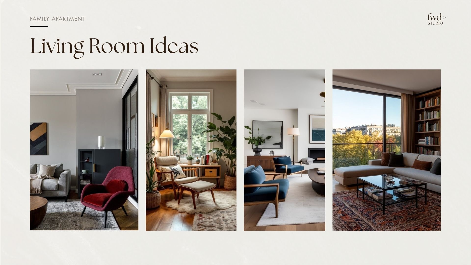 A webpage titled 'Living Room Ideas' displaying four different modern living room interior designs with various furniture and decor.